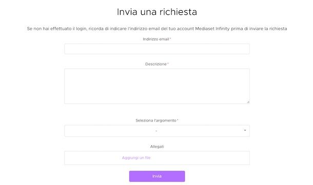 Contattare Infinity+ tramite email