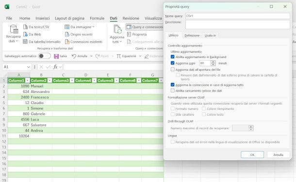 aggiornamento tabella alimentata da sorgente esterna su Excel