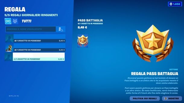 Regalare Battle Pass Fortnite opzione interna