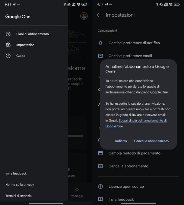 Disattivare abbonamento Google One Android