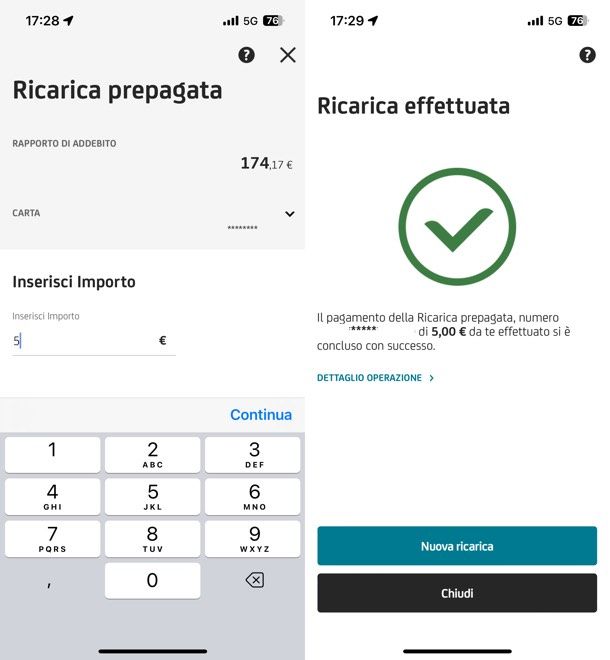 Conferma ricarica carta prepagata UniCredit App