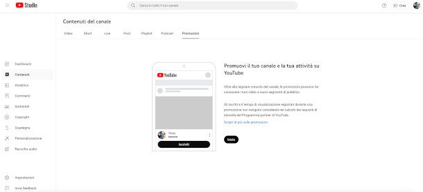 Promozione su YouTube Studio