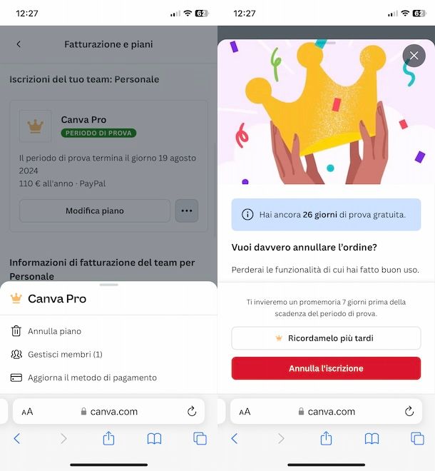 Disdire Canva Pro da smartphone