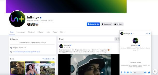 Contattare Infinity+ tramite Facebook