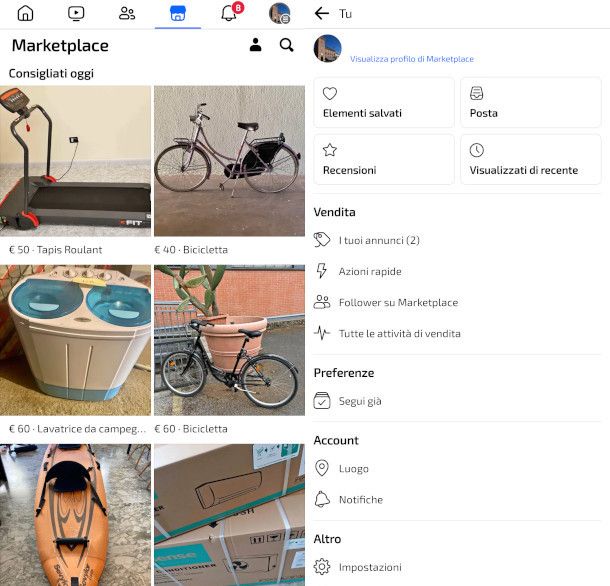 Sezione I tuoi annunci su Marketplace da app Facebook