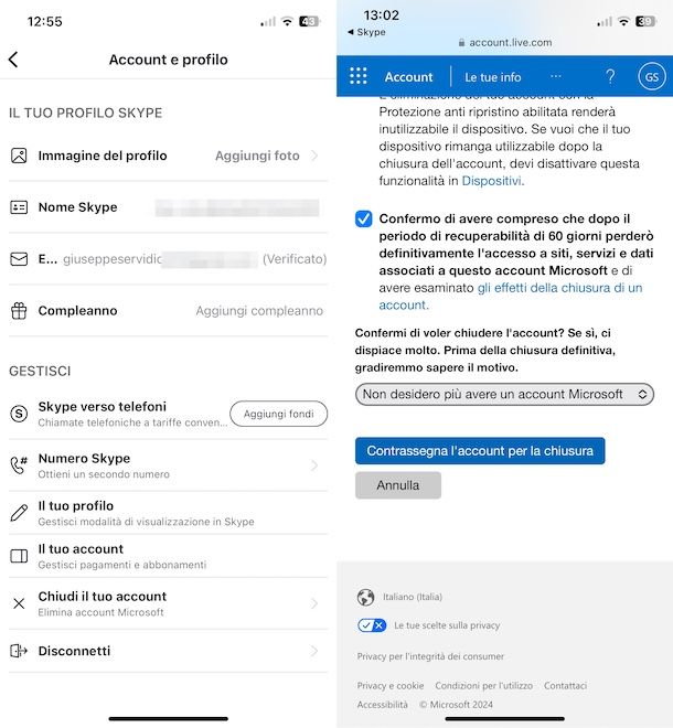 Cancellare account Skype