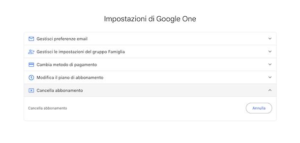 Disattivare abbonamento Google One PC