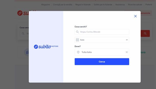Barra di ricerca auto del sito Subito.it