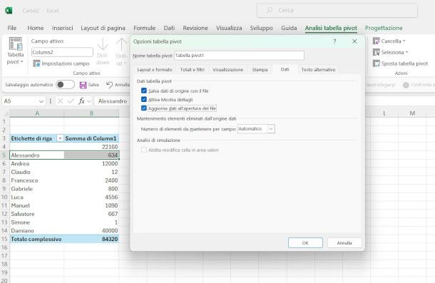 aggiornamento automatico tabella pivot Excel