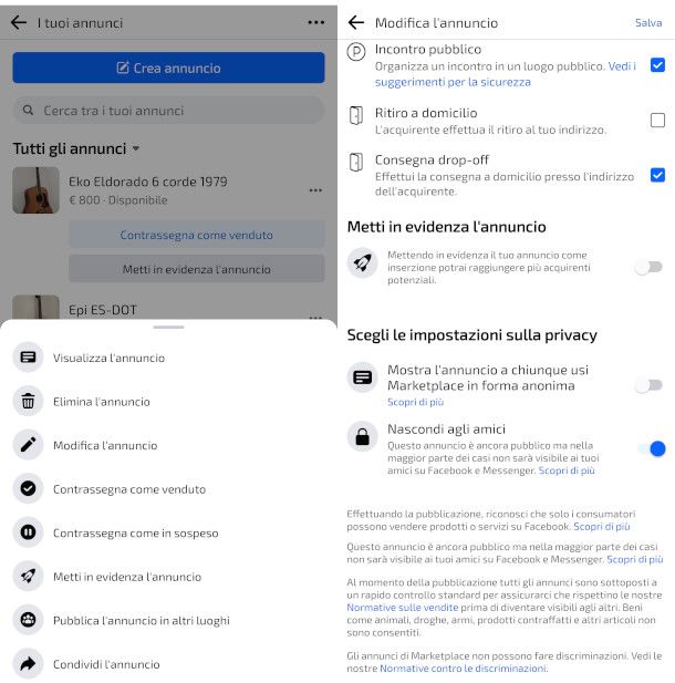 impostazioni privacy annuncio Marketplace da app