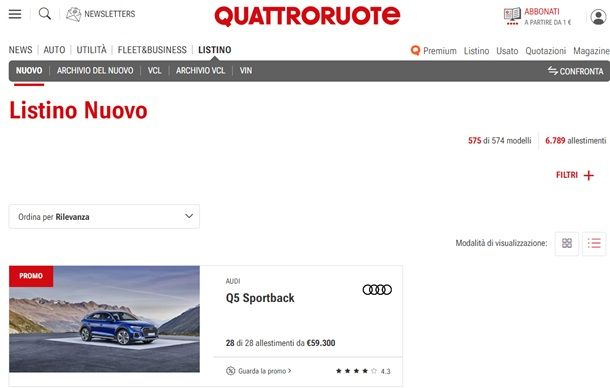 Il listo di auto nuove del sito Quattroruote.it