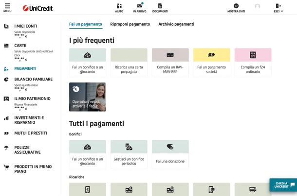 Ricarica carta UniCredit Web