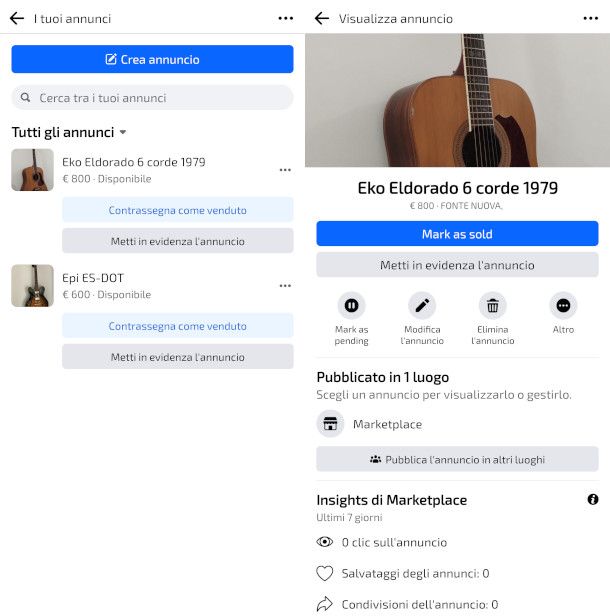 schermate di gestione e modifica di un annuncio pubblicato su Marketplace da app Facebook