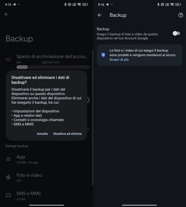 Disattivare backup Google One e Google Foto Android