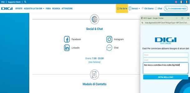 La chat del Servizio clienti di Digi Mobil Italia