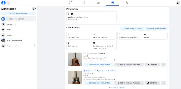 dashboard venditore su Marketplace da sito Facebook