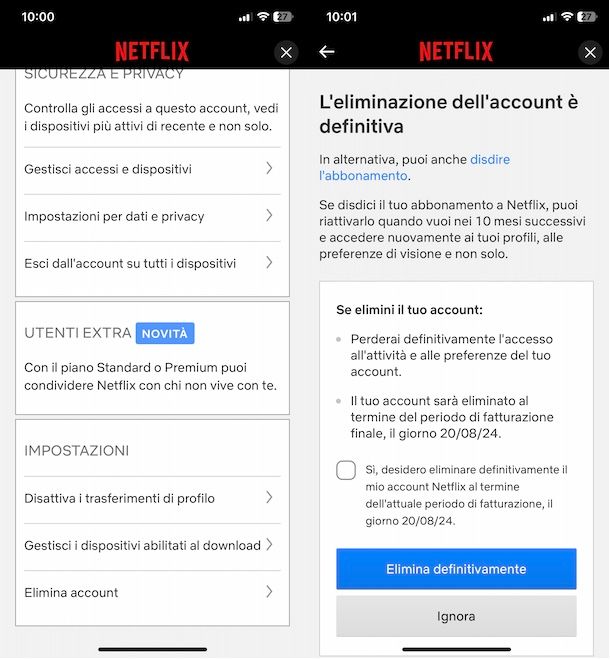 Eliminare account Netflix da app