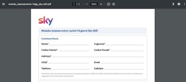 Recesso Sky Wifi entro 14 giorni