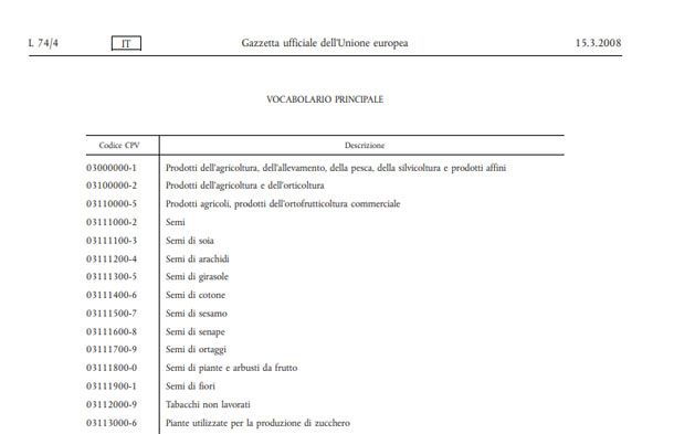 Vocabolario con codici CPV