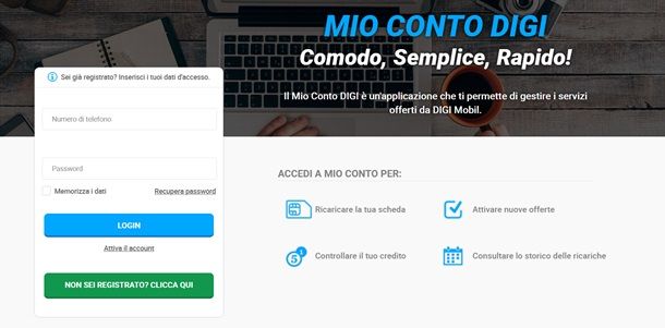 Pagina Mio Conto di Digi Mobil
