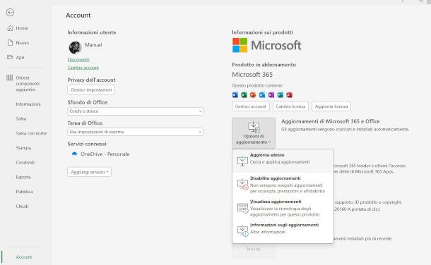 aggiornamento Excel su Windows