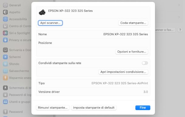 esempio di come individuare modello stampante dalle impostazioni del sistema operativo Mac