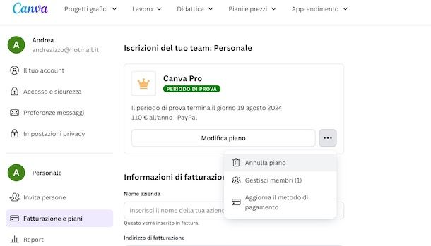 Disdire abbonamento Canva Pro