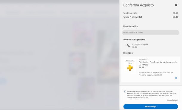 acquisto PS PLus con prtafoglio da Web