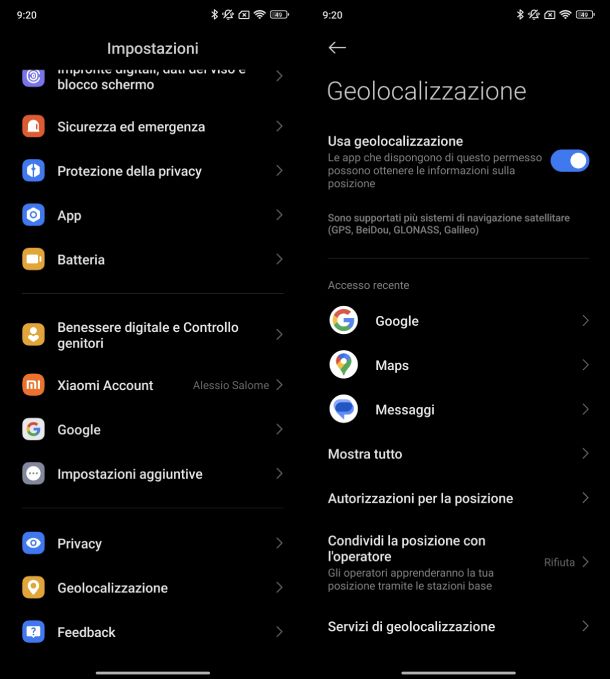 Impostazioni geolocalizzazione POCO