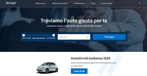 L'home page del sito di auto in offerta DriveK