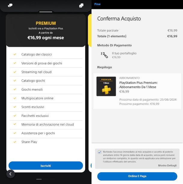 acquisto PS Plus con portafoglio da app