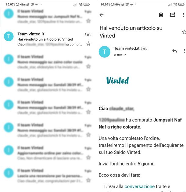 Email articolo venduto su Vinted