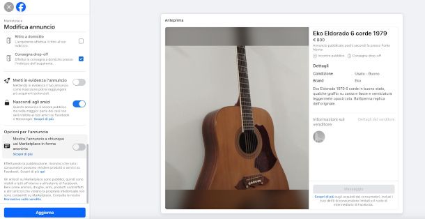 impostazioni visibilità annuncio su Marketplace da sito Facebook