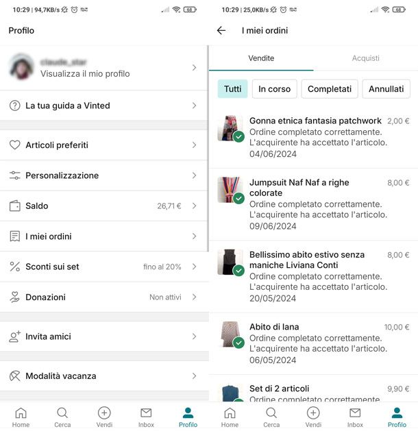 Vedere articoli venduti su Vinted tramite app