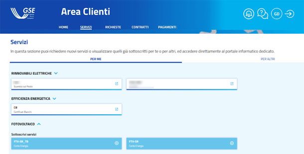 Sezione Servizi Area Clienti GSE