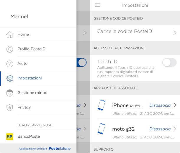 associazione impronta digitale con PosteID su app