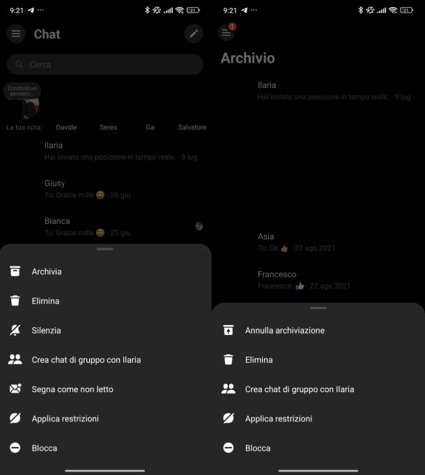 Archiviare chat Messenger Android