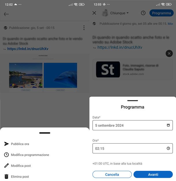 Modifica post programmati su app LinkedIn