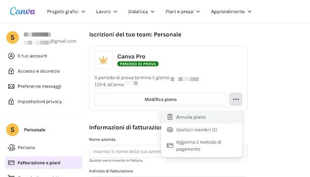 eliminare account canva pro pc