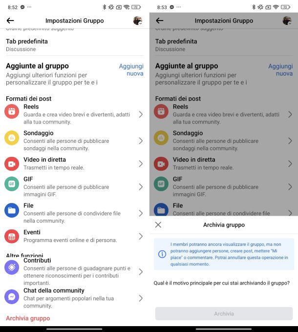 Archiviare gruppo Facebook Android