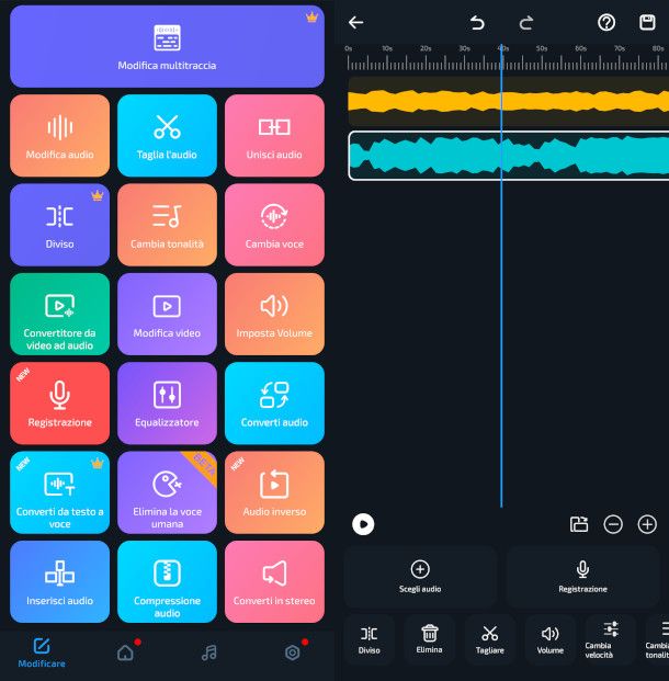 interfaccia app Tagliare Musica, Editor Audio