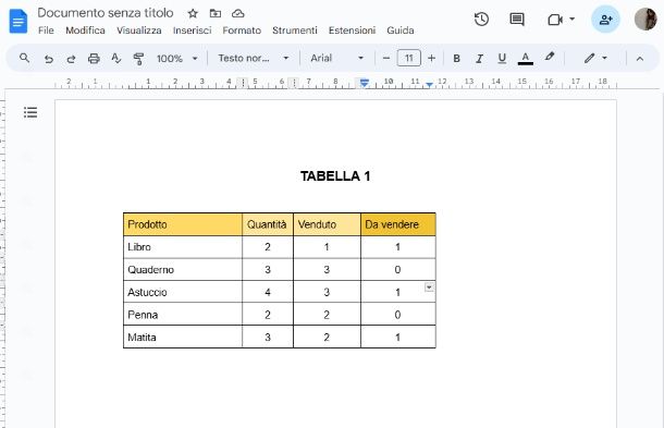 Creare tabella Google Documenti