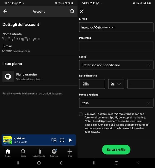 cambiare email Spotify app 