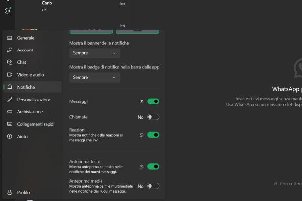 Disattivare chiamate WhatsApp Windows