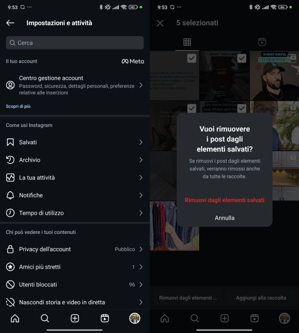 Rimuovere elementi salvati Instagram