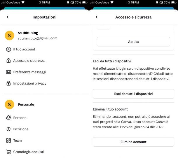 eliminare account canva app 