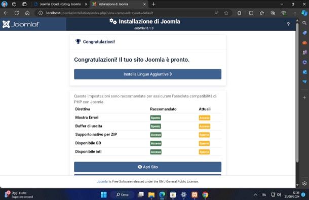 Installazione Joomla riuscita su Windows