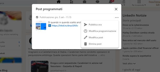 Modificare post programmati LinkedIn