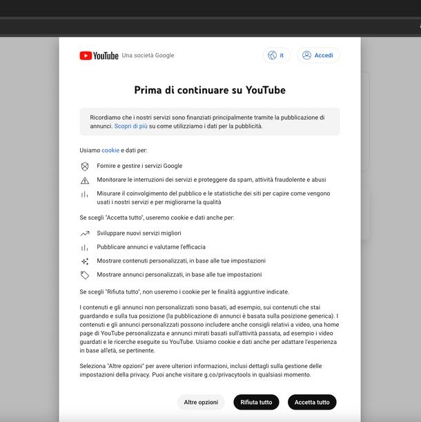 accettare YouTube pc