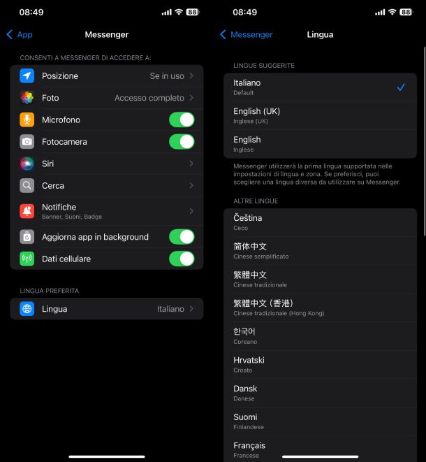 Cambiare lingua Messenger iPhone